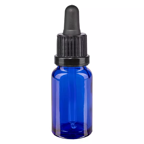 Blå apoteksflaska med pipett 10 ml svart/svart VO Blå apoteksflaska med pipett 10 ml svart/svart VO