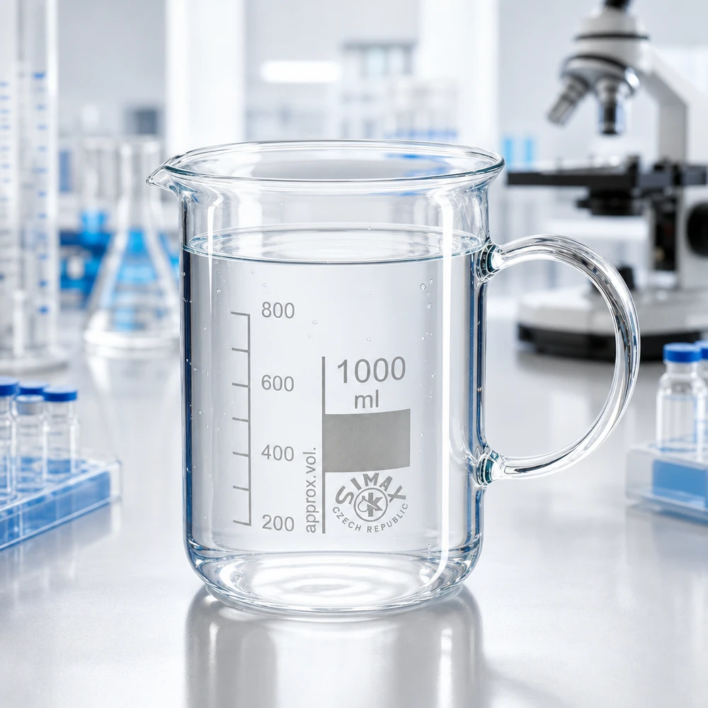Klar bägare på 1000 ml med glashandtag, fylld med vatten, på en vit laboratoriebänkskiva