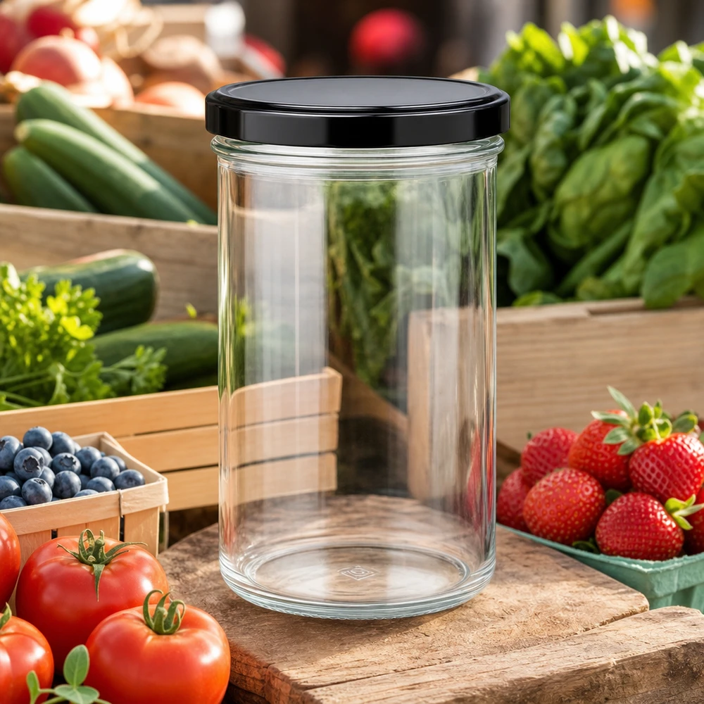 Muggar 277 ml med lock BasicSeal svart UNiTWIST 277 ml tomma genomskinliga glas med svart lock omgivna av färsk frukt och färska grönsaker Konservering