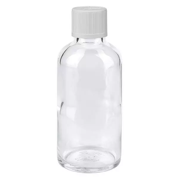 Apoteksflaska klar 50ml skruvkork vit barnsäker standard Apoteksflaska klar 50ml skruvkork vit barnsäker standard