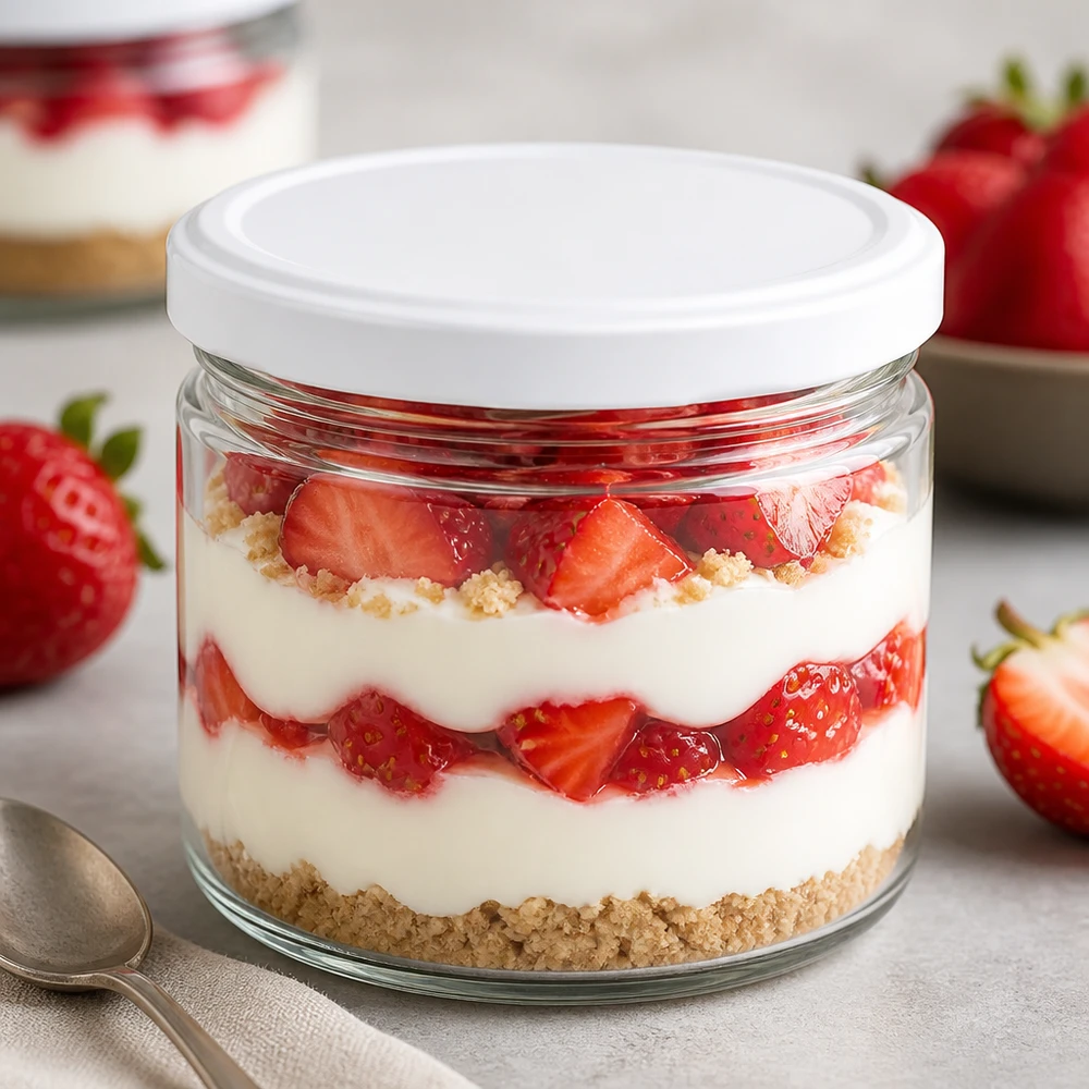 540ml rund burk med BasicSeal-lock vit UNiTWIST 540 ml BasicSeal vitt runt glas som dessertglas med jordgubbstiramisu - snyggt portionsglas för desserter