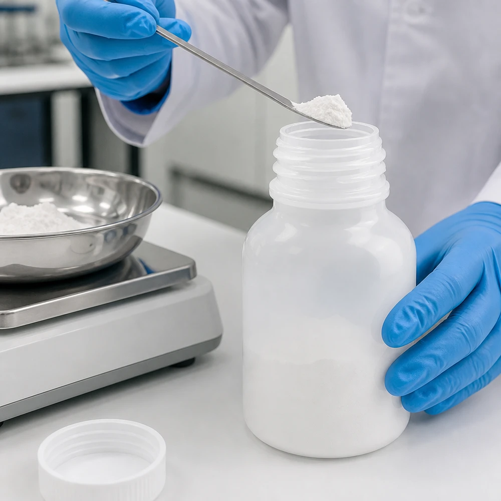 Vit plastbehållare med vid hals, 100 ml, med bred öppning för enkel påfyllning av pulver