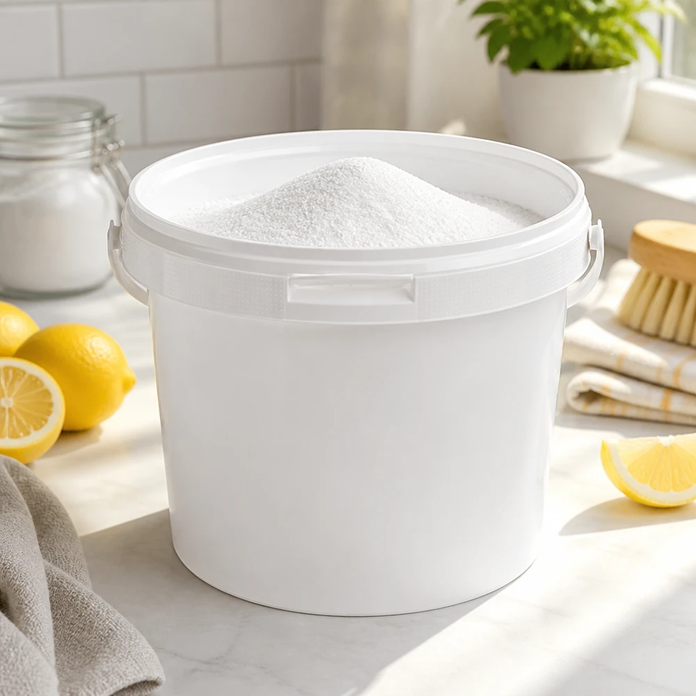 Hink i vit polypropenplast 5,6 l med lock Rund hink på 5,6 liter av vit PP-plast med handtag och lock för kök och hushåll