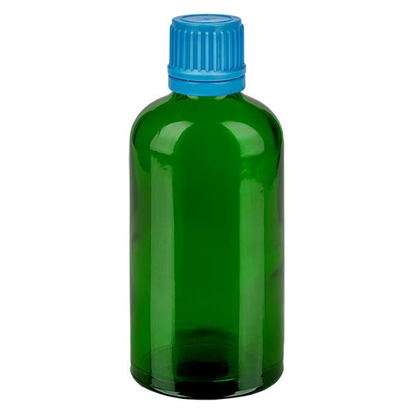 100ml flaska 11mm skruvkork blå med manipuleringssäkert lock GreenLine UT18/100