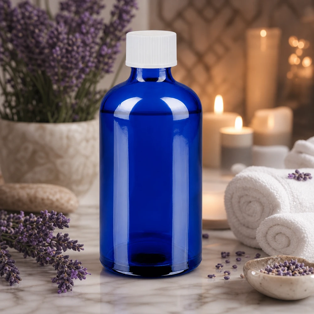 Elegant blå glasflaska 100 ml med vitt lock för aromaterapi och wellness