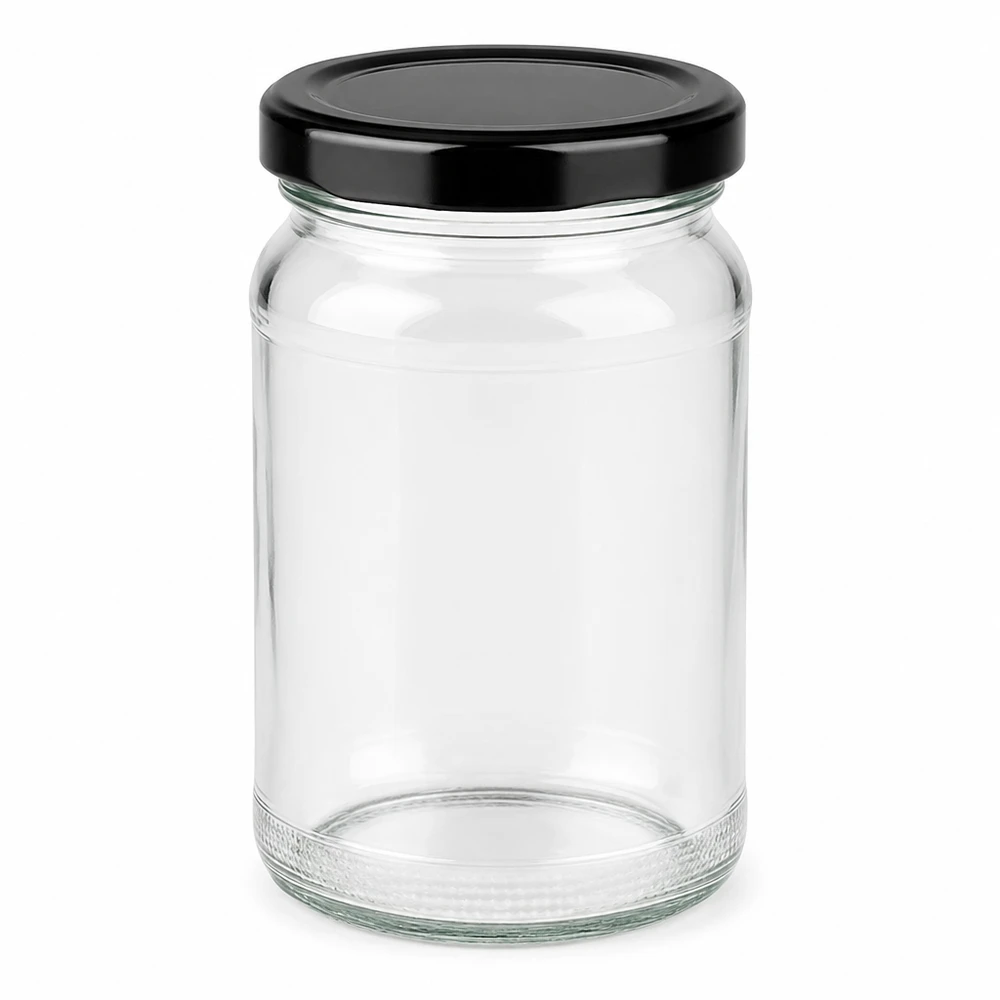 Rund burk 110 ml med lock BasicSeal svart UNiTWIST Tom rund burk UNiTWIST 110ml med svart TO48 BasicSeal-lock för konserver och sylt