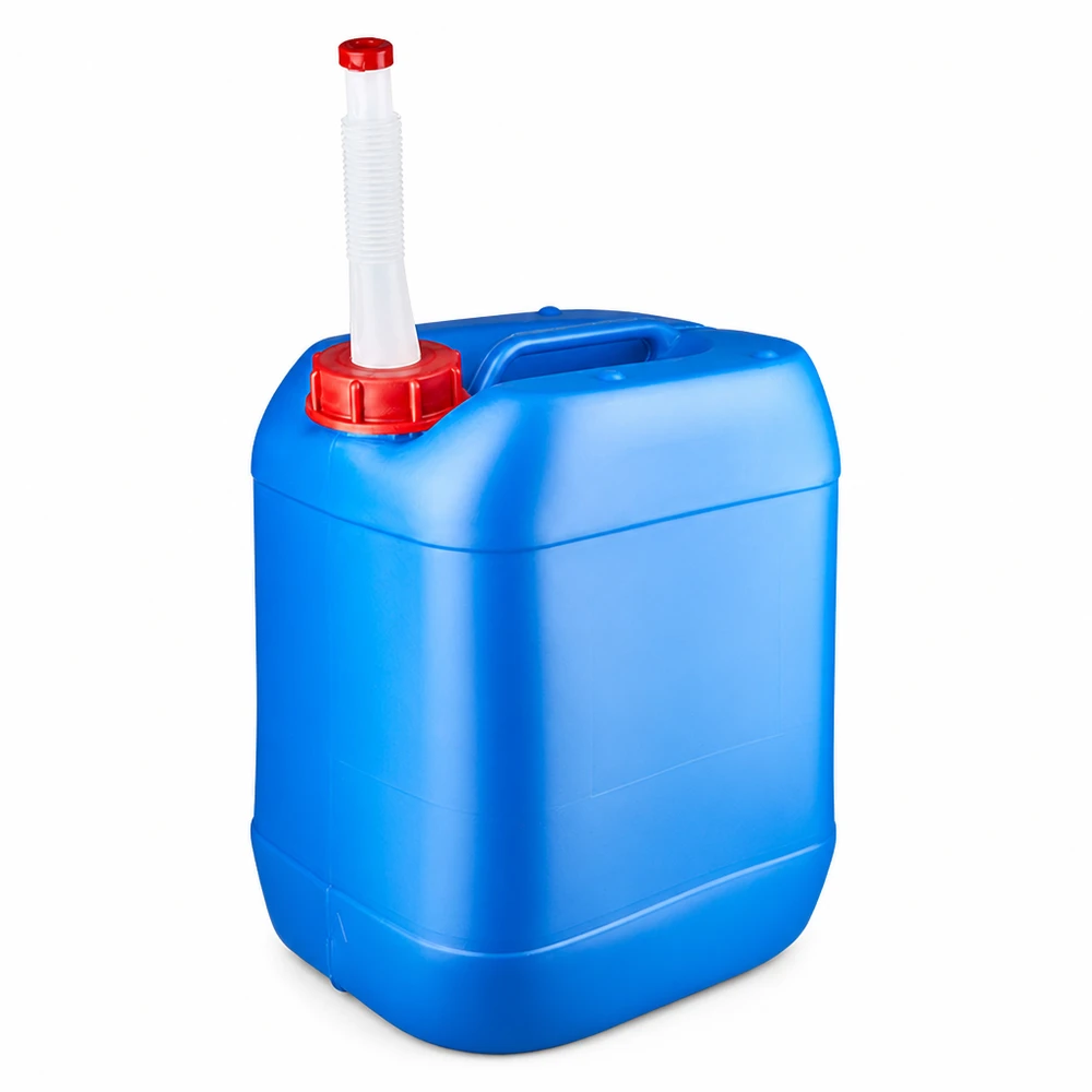 Blå plastdunk på 20 liter med rött skruvlock och böjligt utloppsrör