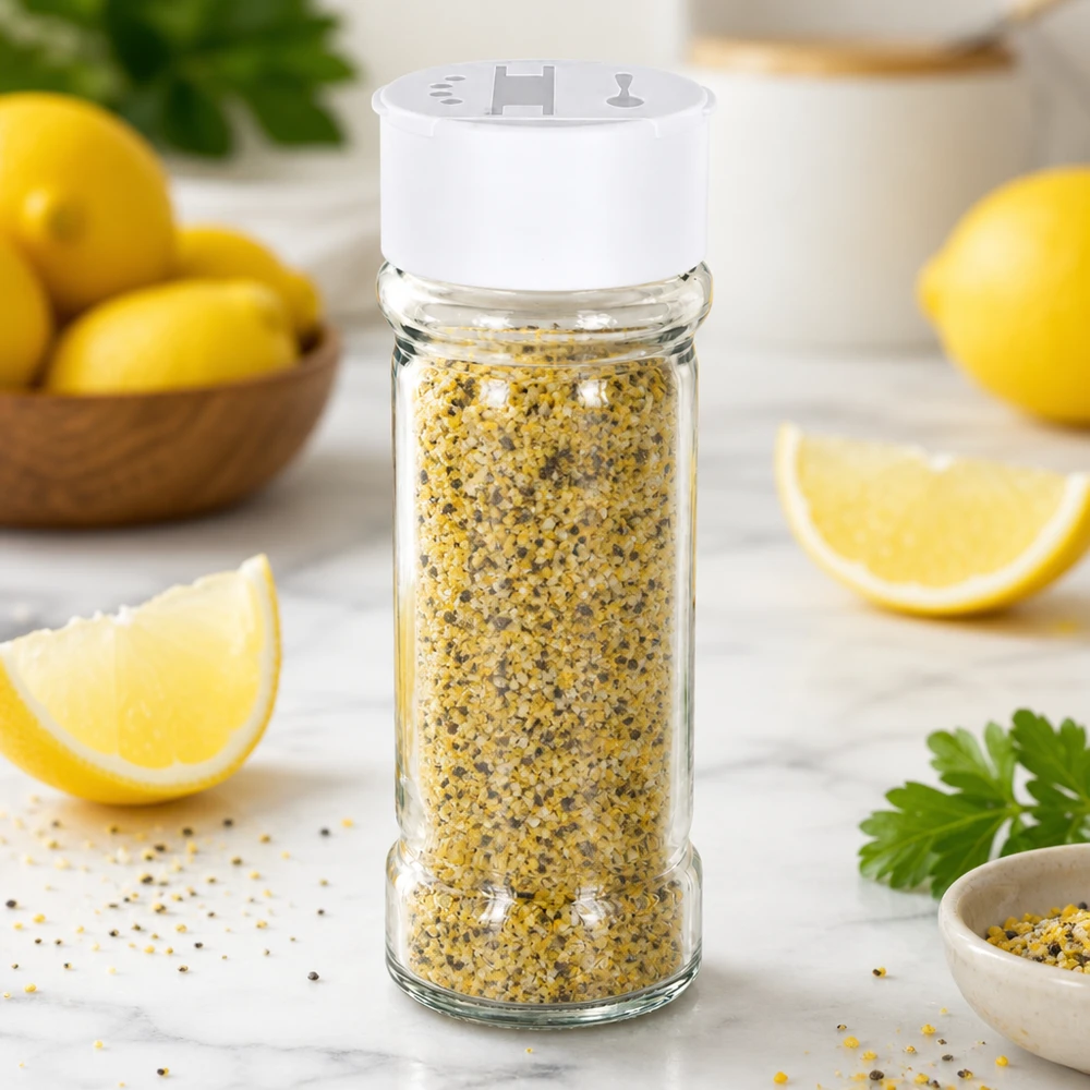Salt- och kryddburk 100 ml med dubbel ströare, vit Kryddburk på 100 ml med vit dubbelströare, fylld med citronpeppar bredvid färska citroner