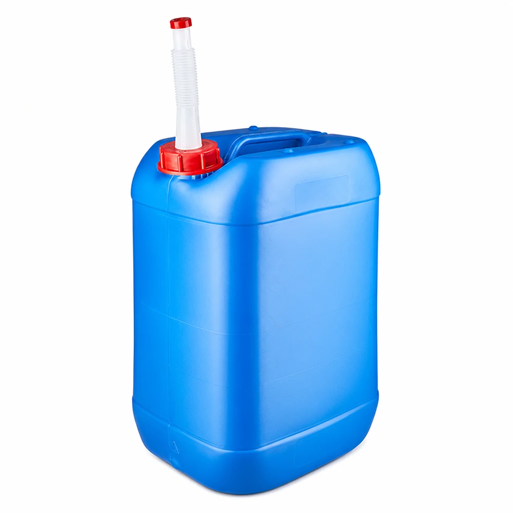 Blå plastdunk på 25 liter med rött skruvlock och flexibel vit utloppsslang