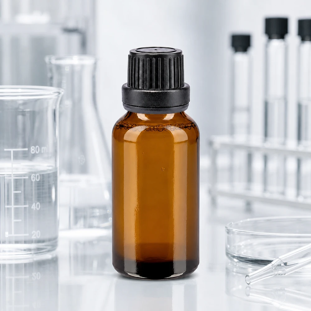 20 ml apotekarflaska i brunt glas med svart droppkork (11 mm) för laboratorie- och apoteksbruk