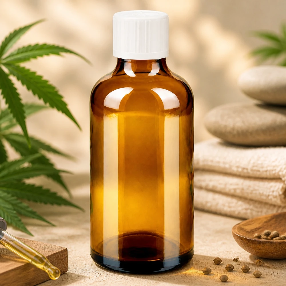 50 ml brun glasflaska med vit KiSi-kork bredvid en cannabisväxt och wellnessstenar
