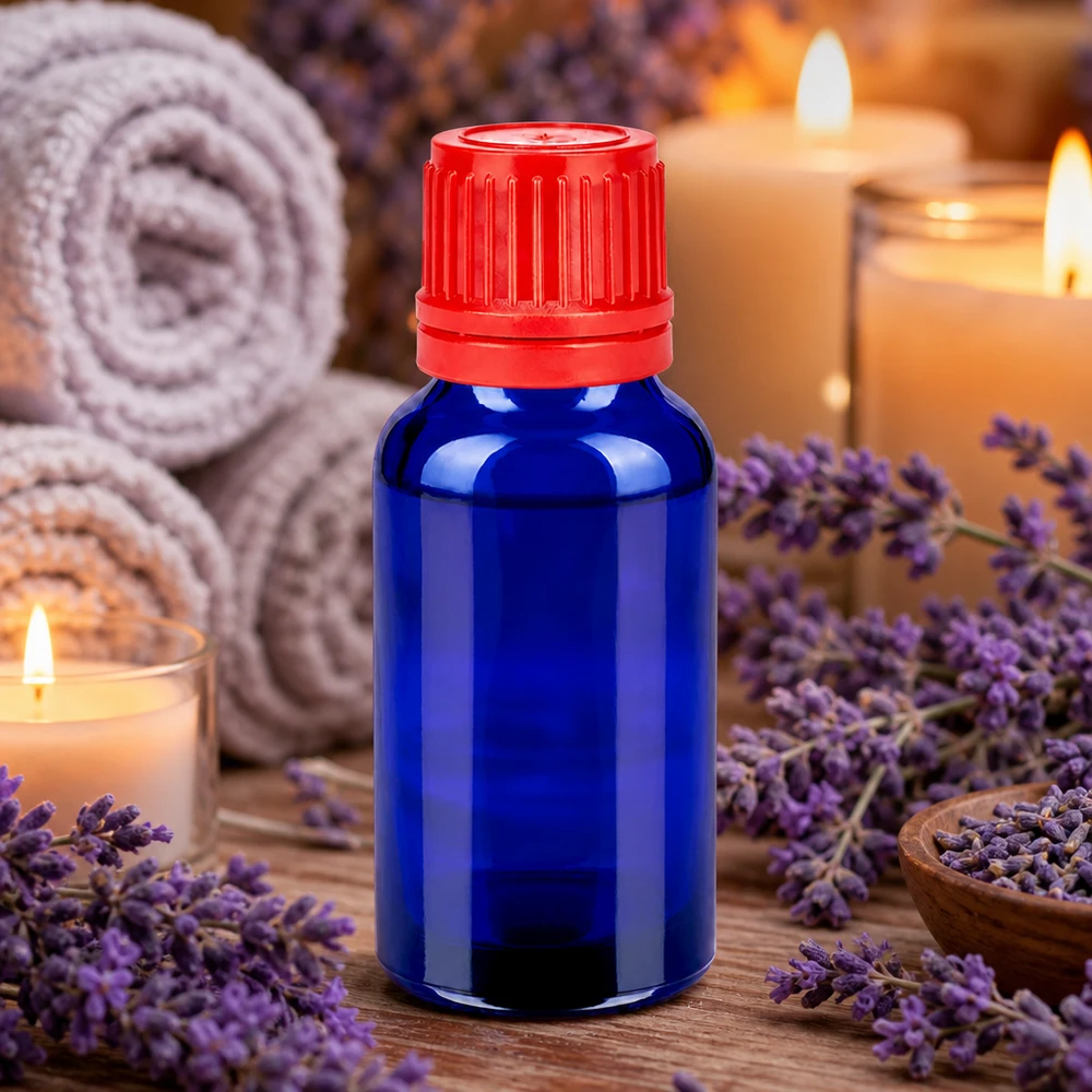 20 ml glasflaska i blått med rött lock för aromaterapi och wellness