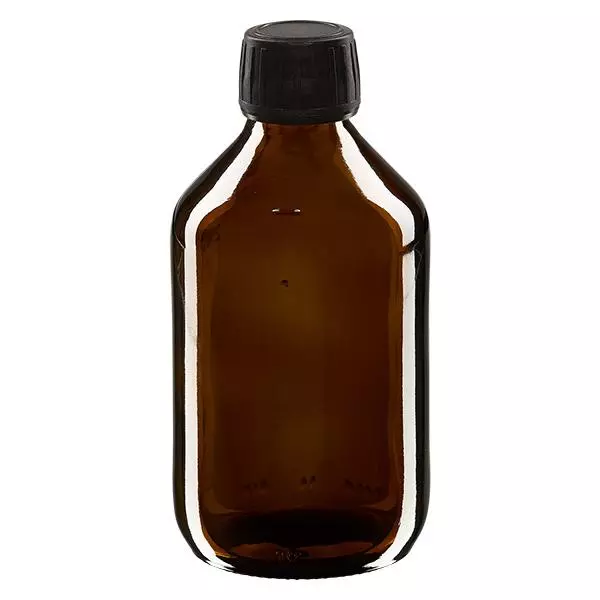 250 ml medicinflaska, brun, svart lock med säkerhetsring ApoGlas