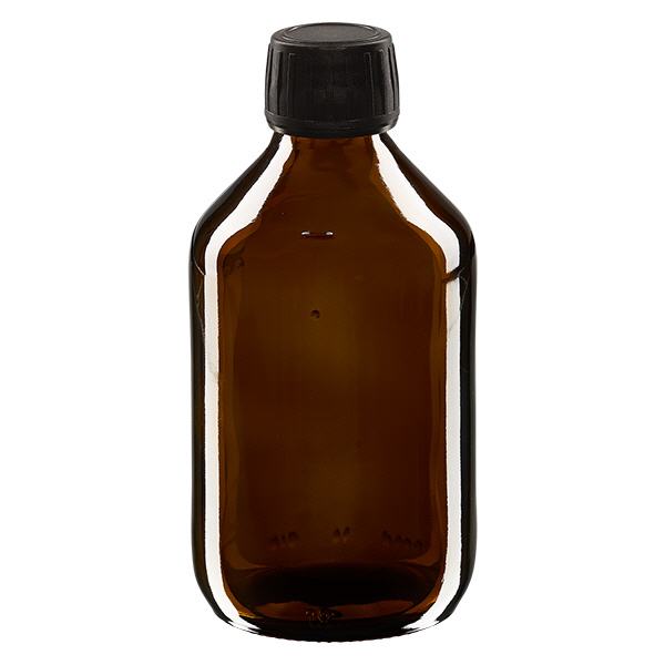250 ml medicinflaska, brun, svart lock med säkerhetsring ApoGlas