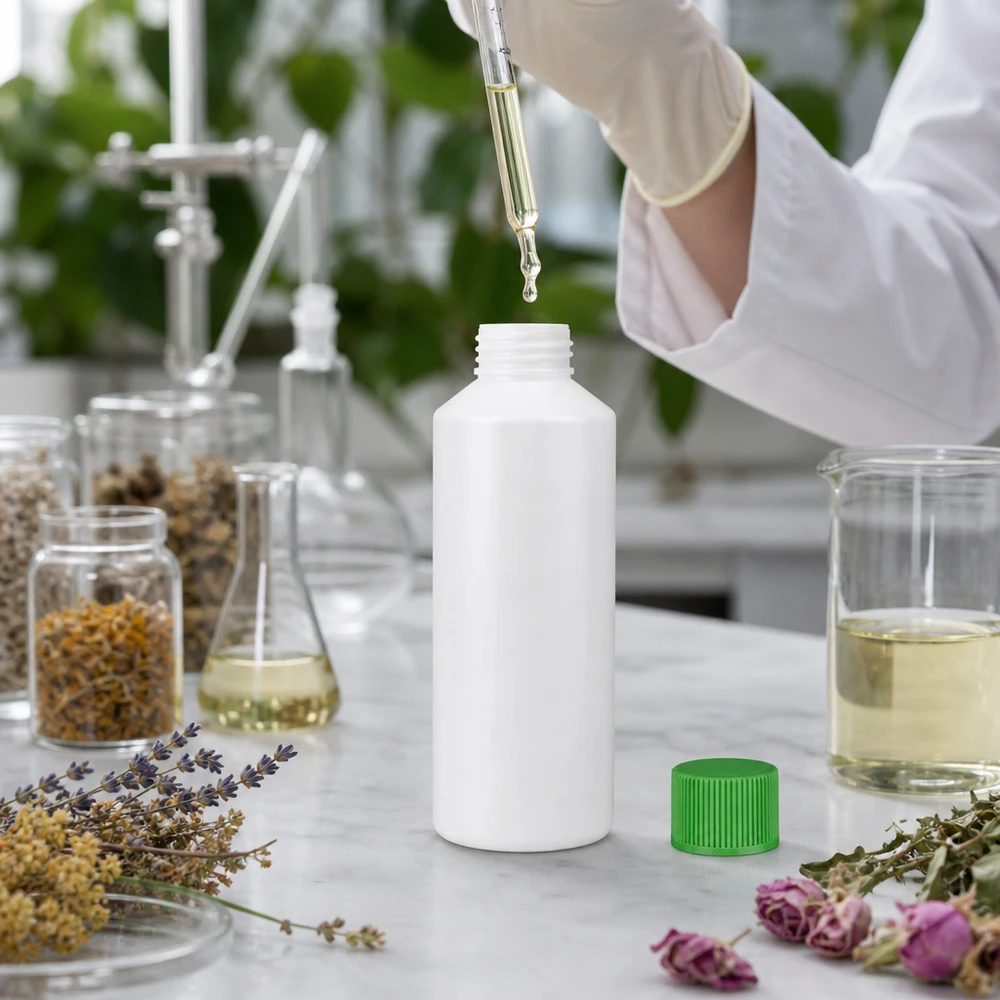 Apoteksflaska, 100 ml, HDPE, vit med grönt skruvlock, bland örter och laboratorieutrustning