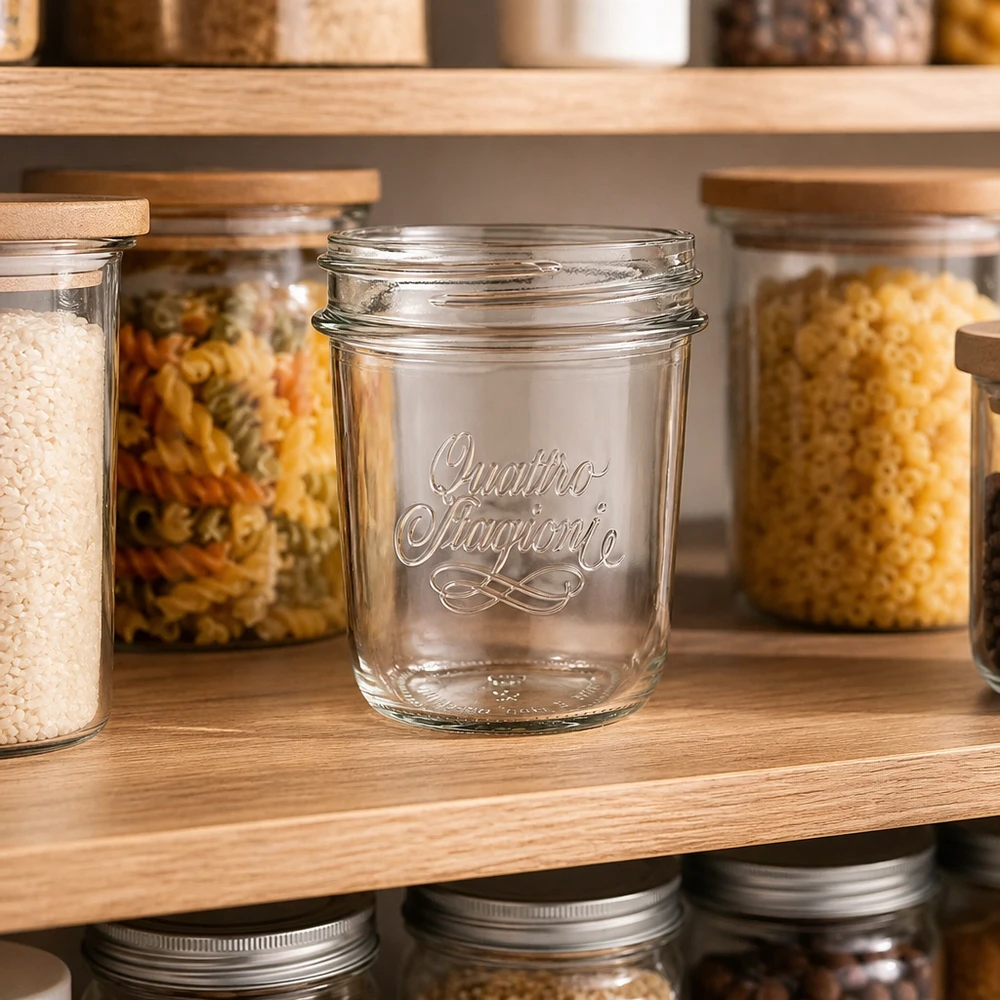 320 ml "Quattro Stagioni" Krossade glasögon QS86mm 320ml Quattro Stagioni Sturzglas mit elegantem Logo auf Holzregal zwischen gefüllten Vorratsgläsern für Küche und Pantry