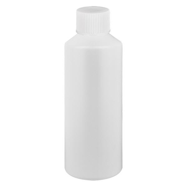 Apoteksflaska HDPE 100ml vit, med vitt skruvlock