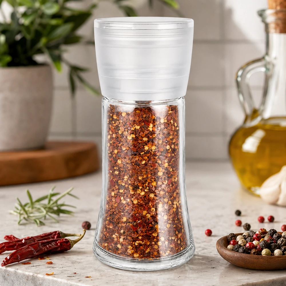 Salt- och kryddburk 95 ml med kvarn, Vario, vit Kryddburk på 95 ml med vit kvarn, fylld med röda chiliflingor på en marmorunderlägg