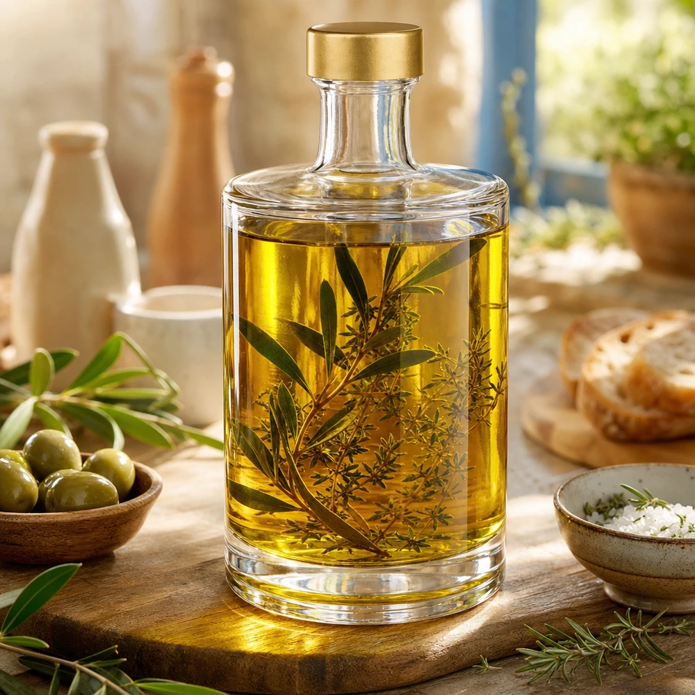500 ml glasflaska Sam + skruvkork guld UNiTWIST® 500ml Glasflasche Sam mit Olivenöl und Kräutern befüllt goldener UNiTWIST Verschluss mediterrane Küche Oliven Salz