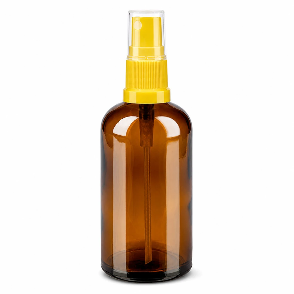 100ml Sprayflaska gul/transparent standardlock BrownLine UT18/100 100 ml sprayflaska brun transparent med gult sprayhuvud för kosmetika och vårdprodukter