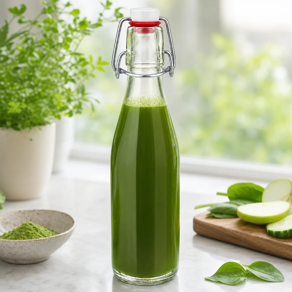 250ml glasflaska + svängbar topp porslin UNiTWIST 250ml Glasflasche mit Bügelverschluss gefüllt mit grünem Smoothie, dekoriert mit frischen Kräutern und Gemüse