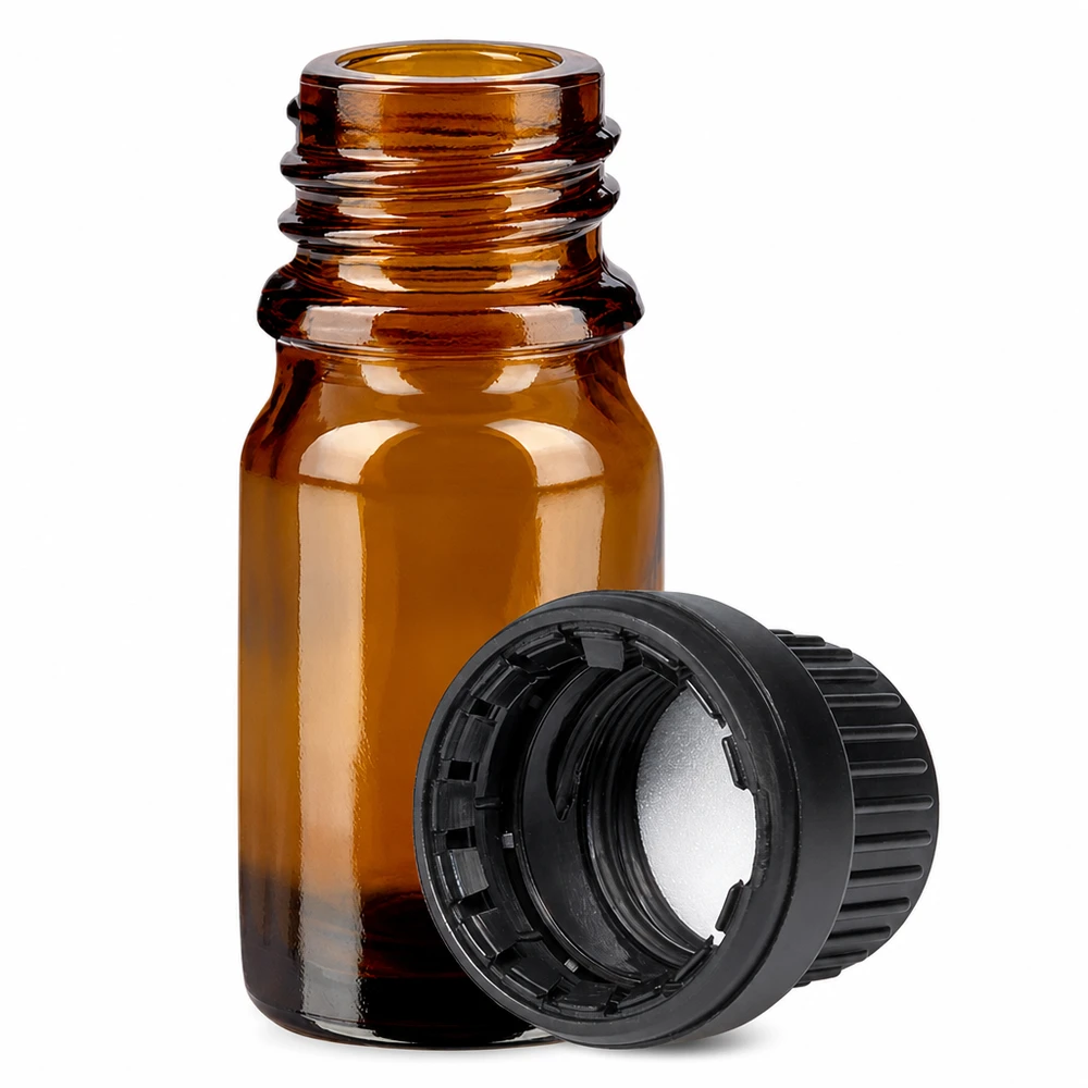 5ml flaska 11mm skruvkork svart barnsäker kapsylII BrownLine UT18/5 Liten 5 ml apoteksflaska av bärnstensfärgat glas med barnsäkert lock för medicinering