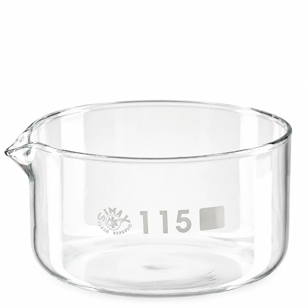 500ml kristalliseringsskål med pip borosilikat ø115mm 500 ml kristalliseringsskål av borosilikatglas med pip och platt botten, diameter 115 mm