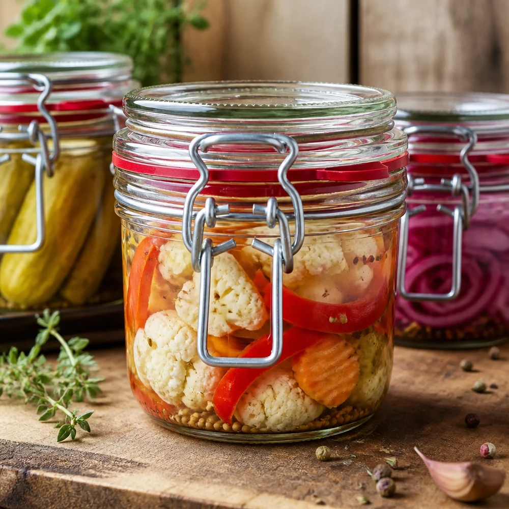 255 ml förvaringsburk av typ G med klämförslutning UN.. Traditionelles Einmachen in 255ml Vorratsgläsern mit Bügelverschluss - eingelegtes Gemüse für die Vorratshaltung