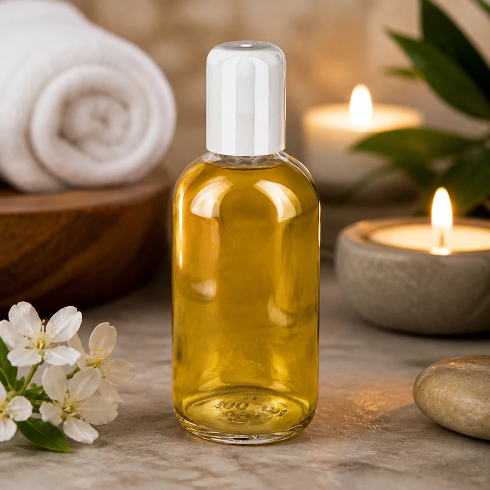 100 ml ClearLine-glasflaska med gyllene massageolja, vit kork och ljus i en spa-miljö