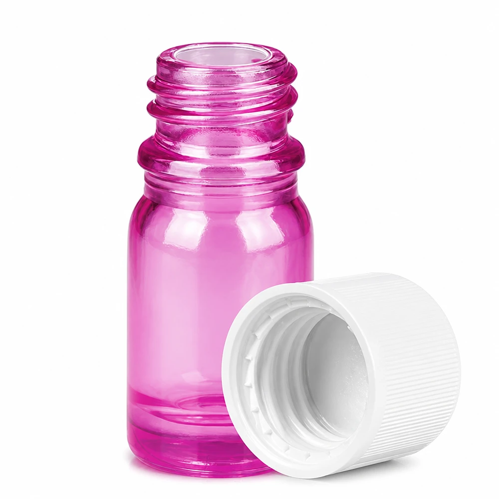 Liten violett glasflaska 5ml med tråd och vitt lock för eteriska oljor