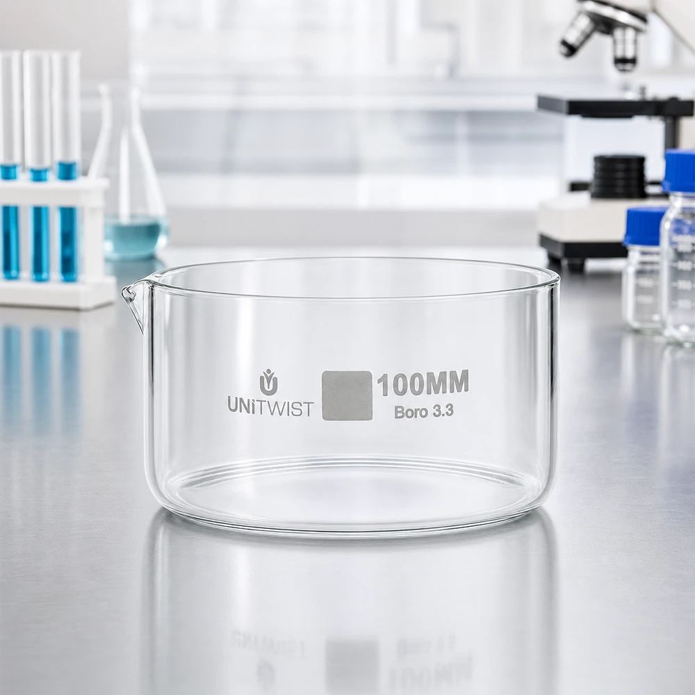Kristallisationskärl ø100 mm, borosilikatglas UNiTWIST Kristallisationsskål UNiTWIST 100 mm, borosilikatglas, i laboratoriet med mikroskop och provrör