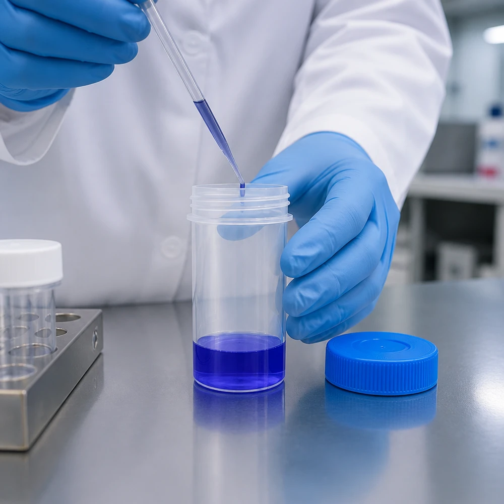 Steril behållare med vid hals, 50 ml, tillverkad av genomskinligt polypropen med blå skruvlock för laboratorieprover