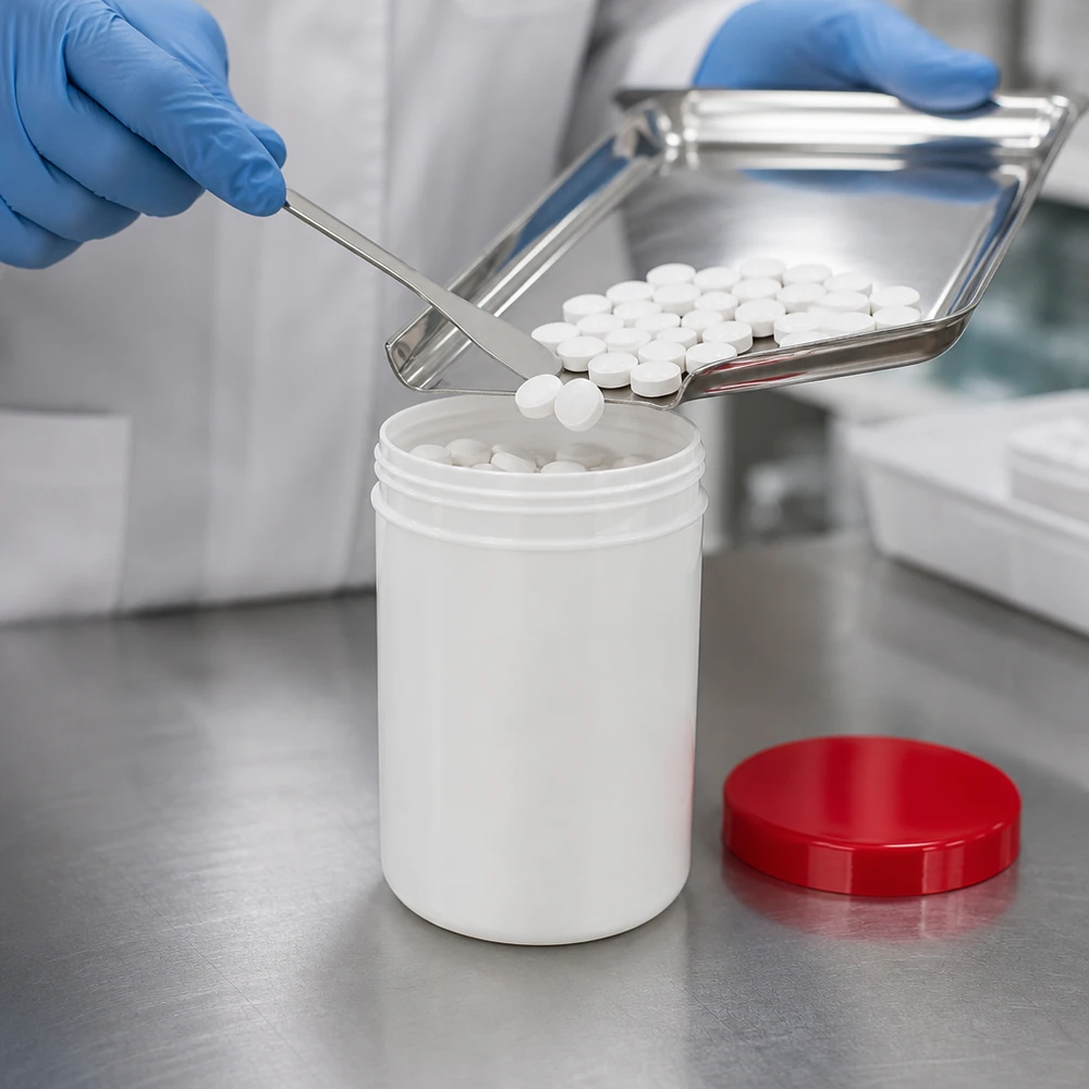Salvburk 1000g vit med rött skruvlock (polypropylen) Tabletterna fylls med en pincett i en vit PP-salvburk på 1000 g med rött lock