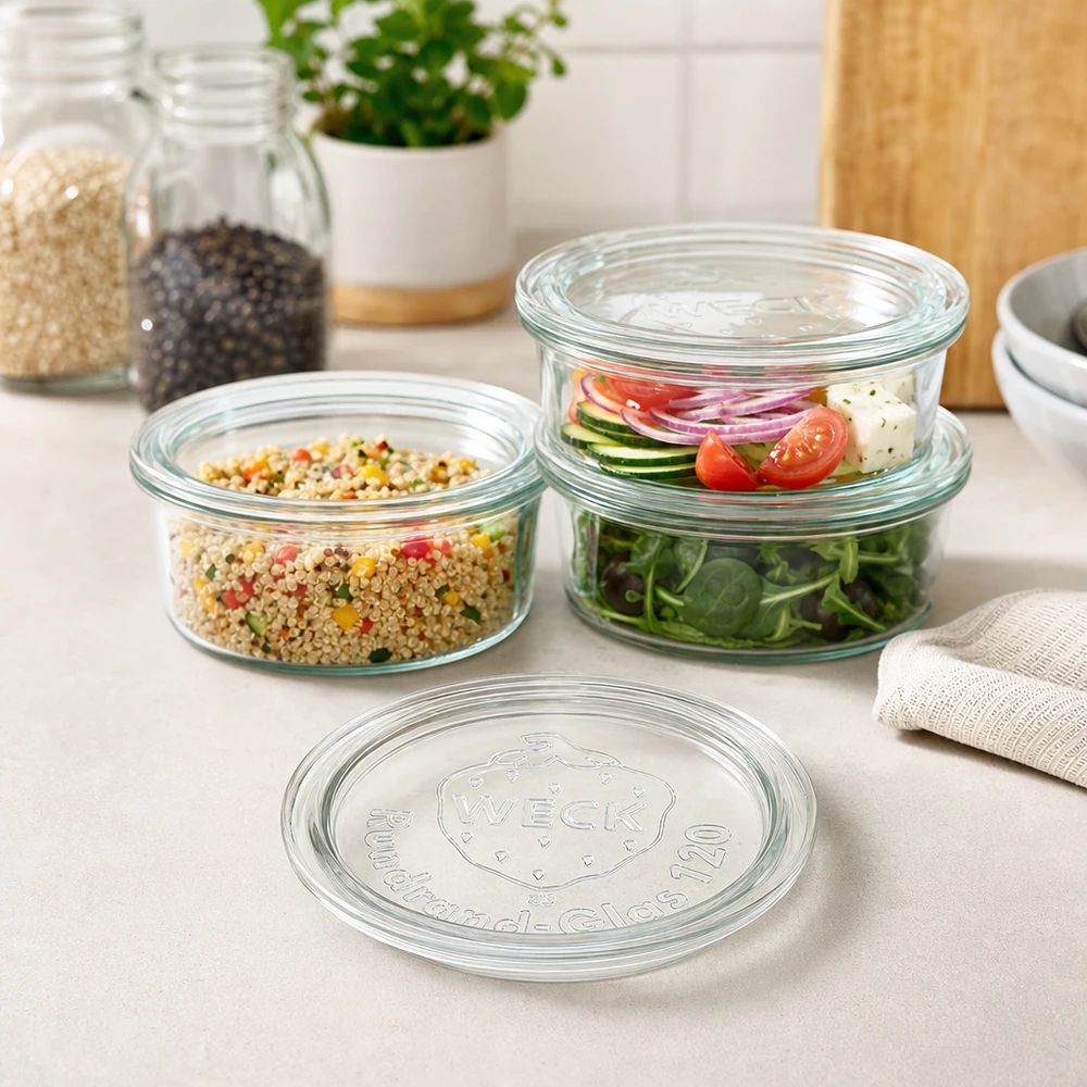 WECK glaslock RR120 WECK Glasdeckel RR120 in moderner Küche mit gefüllten Vorratsgläsern für Salat Quinoa und frische Zutaten