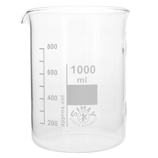 Bägare 1000ml borosilikatglas, låg form Bägare 1000 ml tillverkad av högkvalitativt borosilikatglas med exakta mätmarkeringar för laboratoriebruk