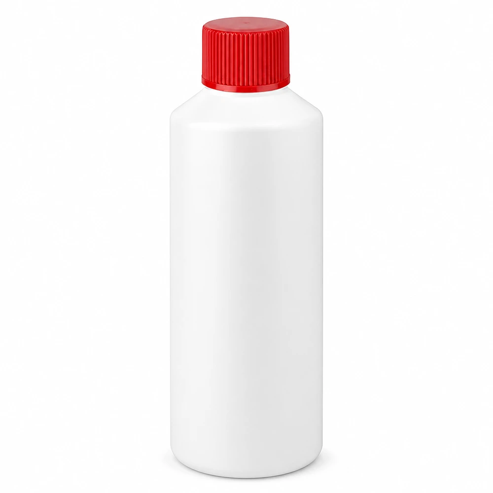 Apoteksflaska HDPE 100ml vit, med rött skruvlock Vit HDPE-apotekflaska på 100 ml med rött skruvlock av högkvalitativ plast