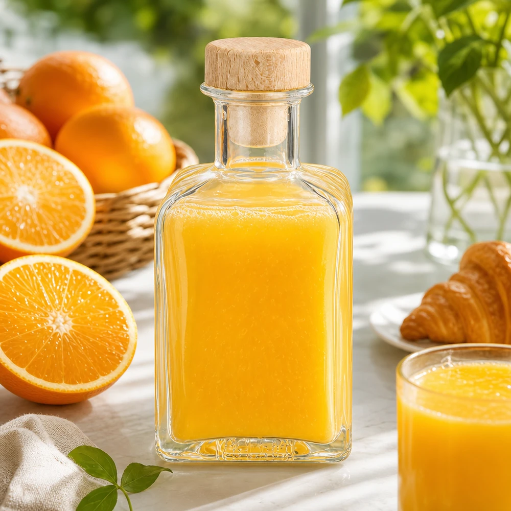 200 ml apoteksflaska Clara med träkork UNiTWIST® 200 ml glasflaska Clara fylld med apelsinjuice träkork dekoration kök färska apelsiner frukost styling