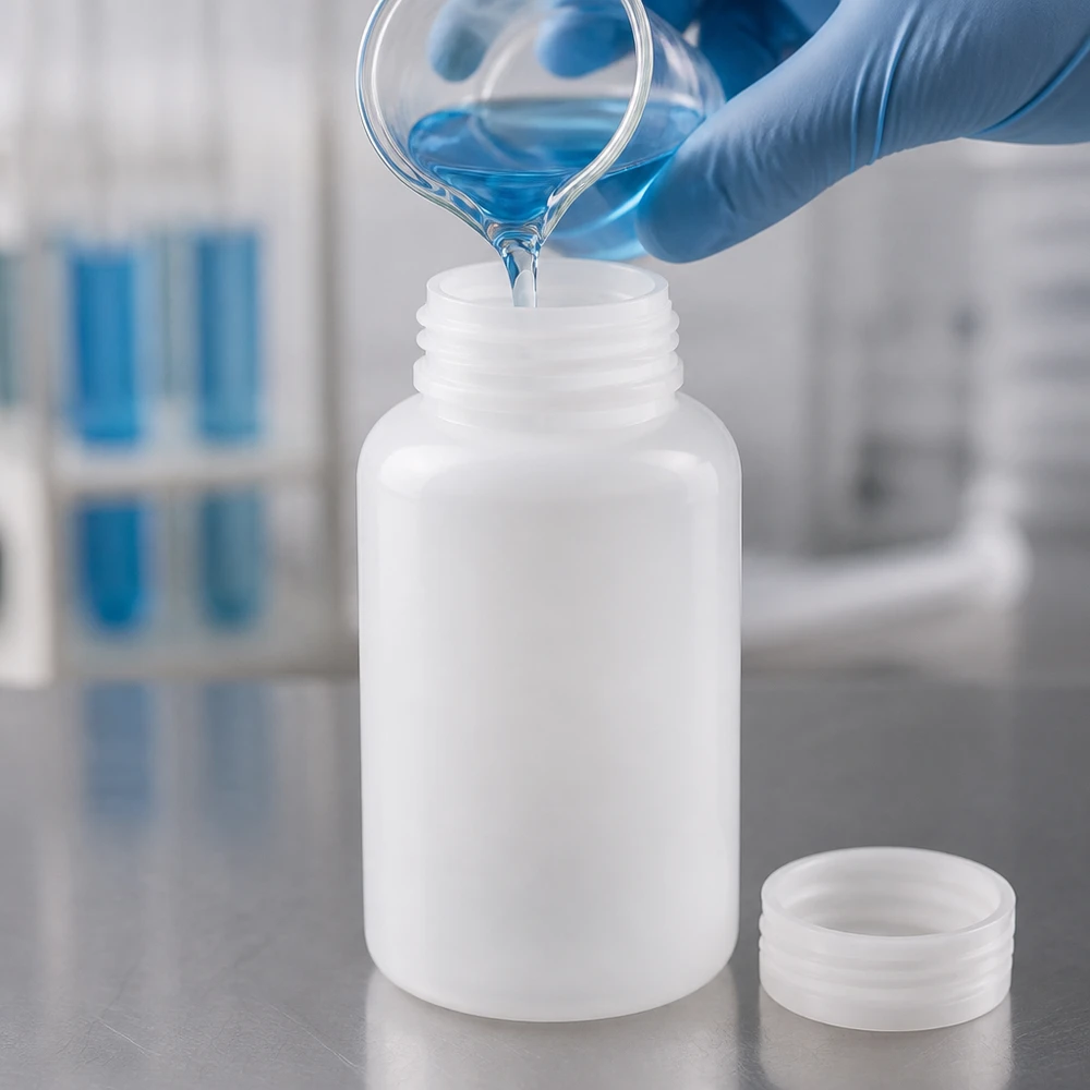 500ml laboratorieflaska med bred hals utan lock Den blå vätskan hälls från ett bägarglas i en 500 ml laboratorieflaska av plast med vid hals