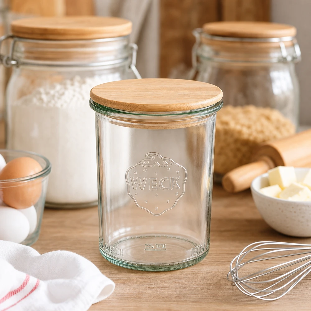 WECK 160 ml RR60 murarburk med trälock i ett rustikt kök mellan bakingredienser och köksredskap