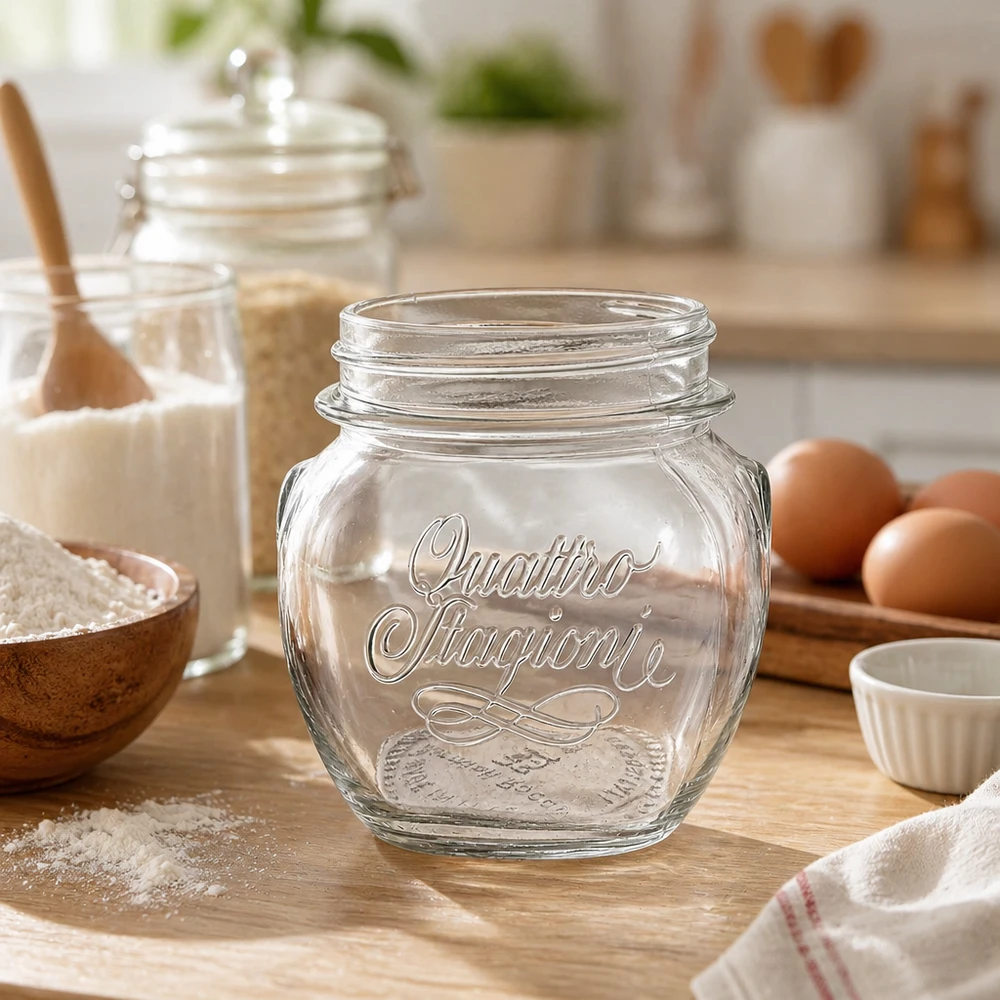 300ml runt glas "Quattro Stagioni" QS70mm 300 ml Quattro Stagioni hushållsglas på en träbräda i ett rustikt kök med bakingredienser och ägg