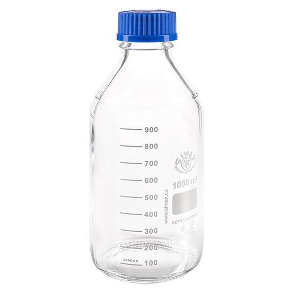 Gängad laboratorieflaska 1000ml med lock, borosilikat