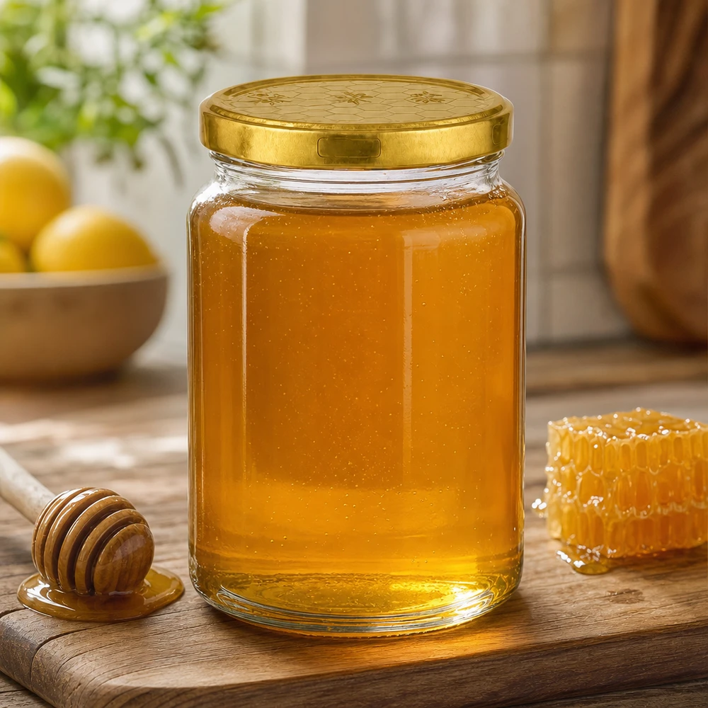 795 ml rund burk + BasicSeal-lock honeycomb UNiTWIST 795 ml rund burk fylld med honung bredvid honungskaka och honungssked på träbräda i en varm köksatmosfär