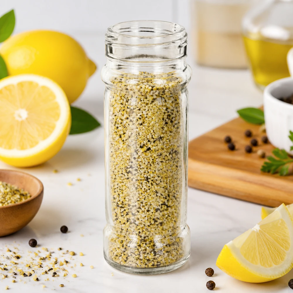 Kryddburk Mary 100 ml fylld med citronpeppar bredvid färska citroner och svartpeppar