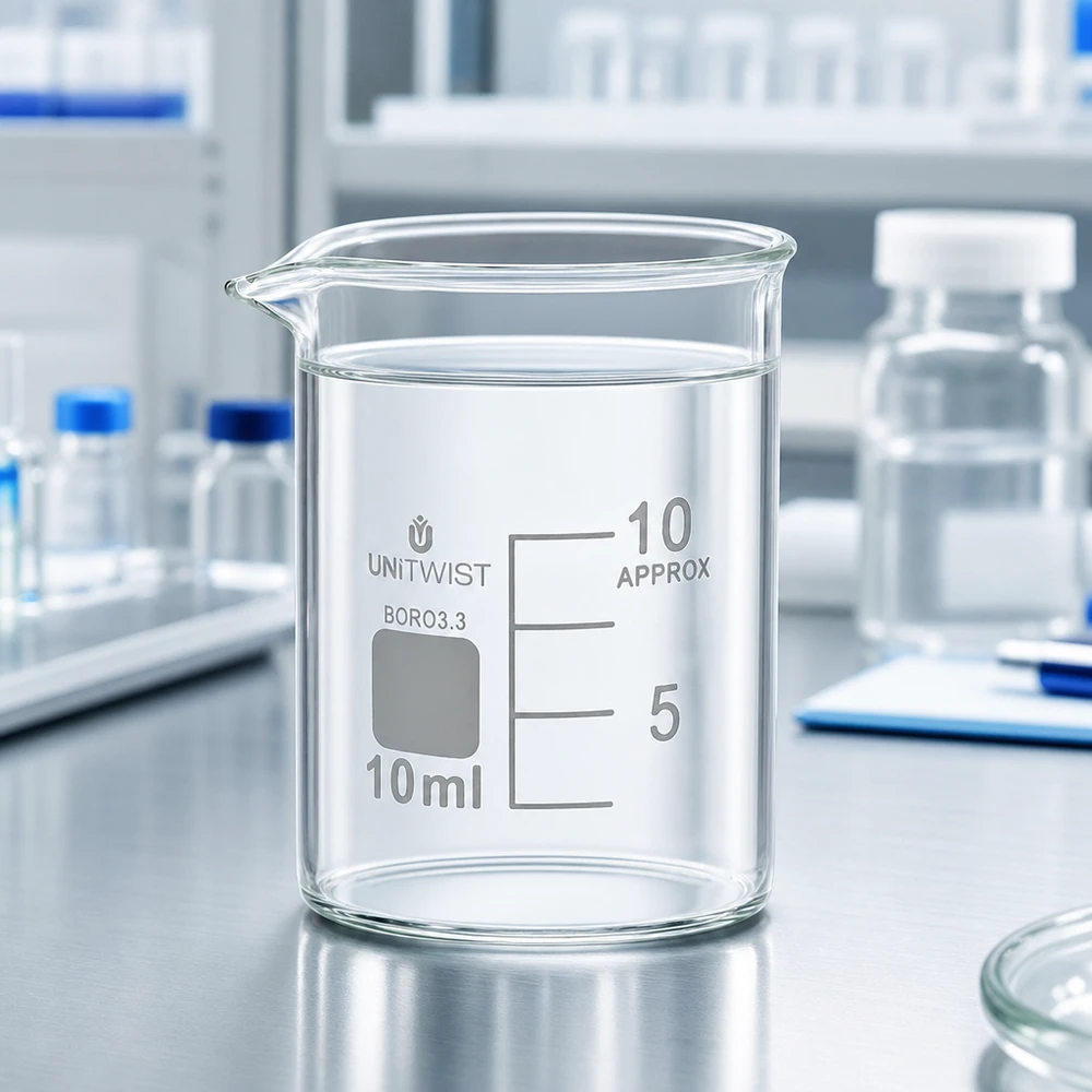 Bägare 10ml borosilikat, lågformad UNiTWIST UNiTWIST mätglas 10 ml, låg form med pip och skala på rostfritt stål, för laboratoriebruk