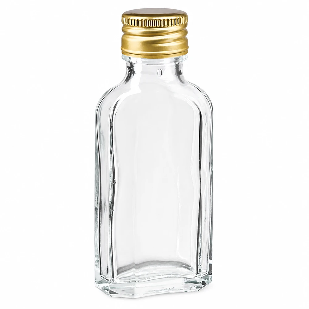 50 ml Meplat-flaska, genomskinlig med guldfärgat aluminiumlock PP22 för spritdrycker och likör