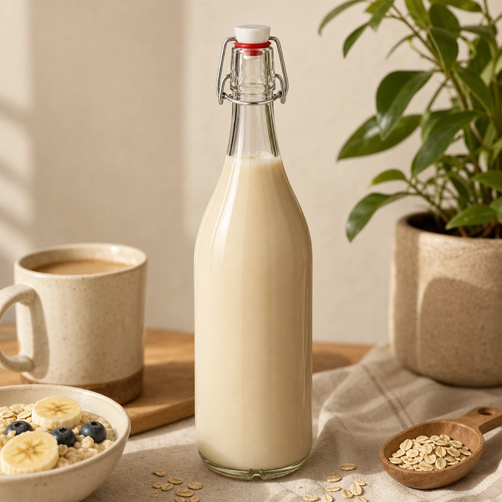 1000 ml glasflaska + svängbar topp PVC UNiTWIST 1000 ml glasflaska med svängbart lock fylld med havremjölk på träbord bredvid kaffekopp och havreflingor