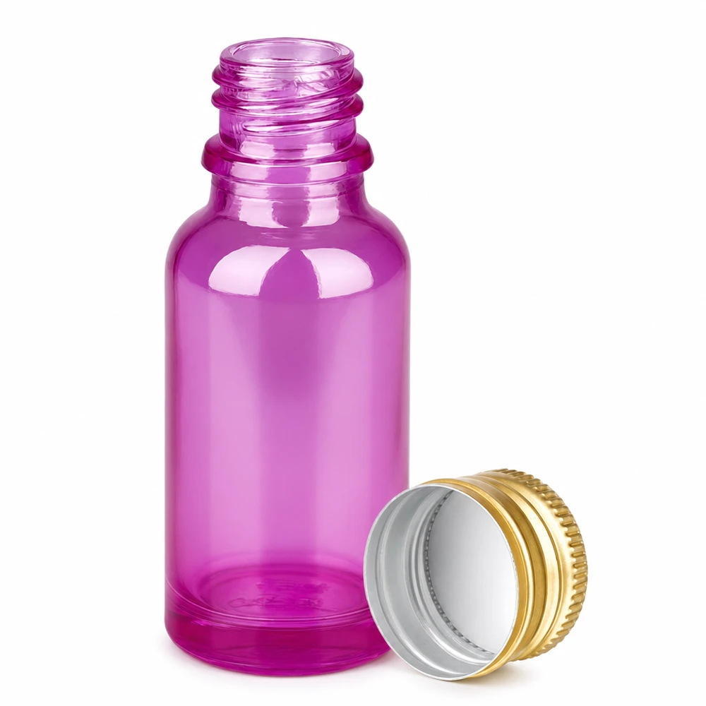 20ml flaska 11mm skruvkork aluminium guld standard PurpleLine. UT18/20 Lila 20 ml glasflaska med aluminiumskruvlock i guld för eteriska oljor