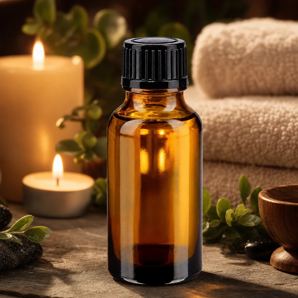 Apoteksflaska brun 20ml skruvkork svart standard Brun apoteksflaska, 20 ml, med svart droppkork, 11 mm, i spa-miljö med stearinljus