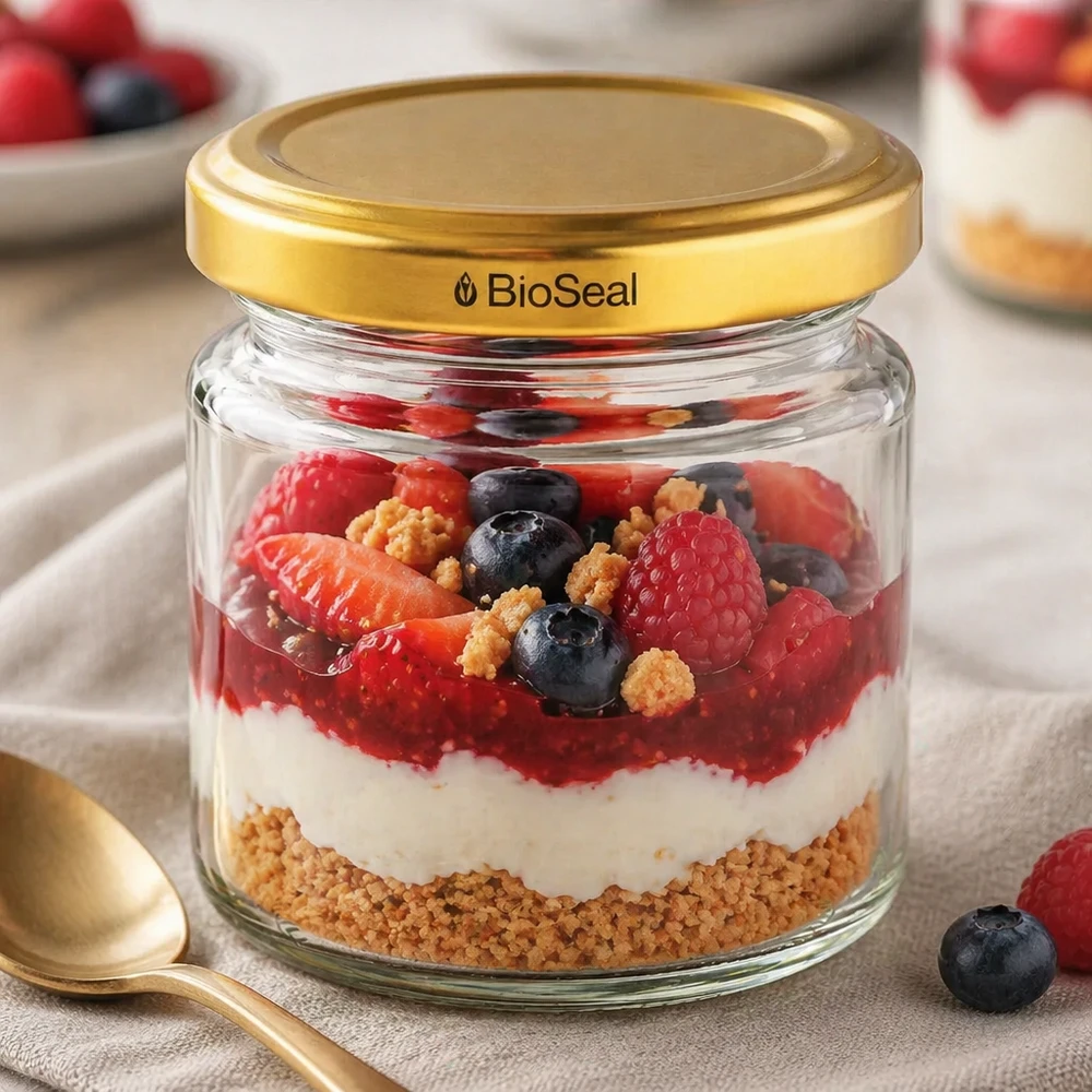 UNiTWIST Runda53 med gyllene TO43 BioSeal-lock som dessertburk för dessert i lager med bäryoghurt och kexbotten