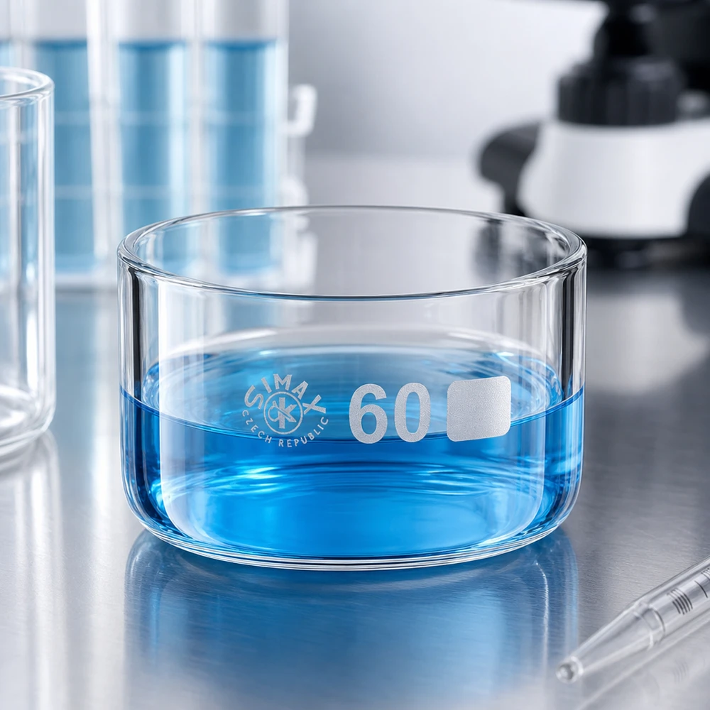 60ml kristalliseringsskål utan pip borosilikat ø60mm Kristallisationsskål, 60 ml, borosilikatglas med blå lösning på en yta av rostfritt stål i laboratoriet